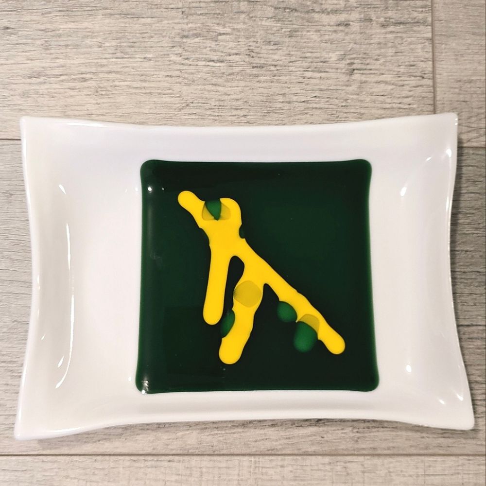 MCM Fused Glass White Green Decorative Plate Platter Hand Blown